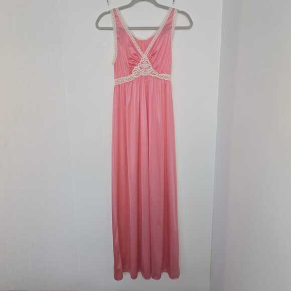 Miss Elaine Dresses & Skirts - Vintage Lace Night Gown Size S Pink Sheer Satin Babydoll Empire Waist Slip Dress